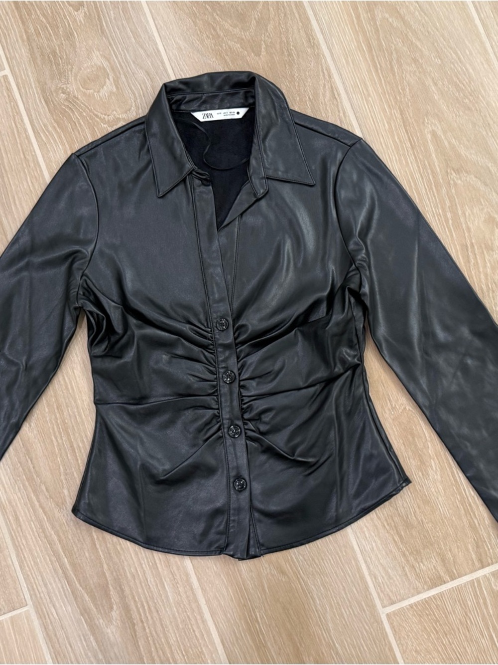 Zara Black Faux Leather Ruched Button-Front Top
